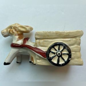 Vintage ceramic tan/brown small donkey and cart planter. Made in Japan.